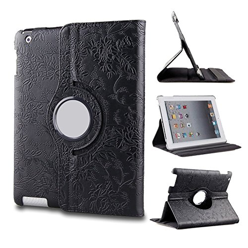 0670655112016 - T&G AUTO SLEEP/WAKE FUNCTION MAGNETIC 360 DEGREE ROTATING SMART STAND CASE COVER FOR 9.7 INCH IPAD 2/3/4 TABLETS WITH A STYLUS AS A GIFT--FLORAL EMBOSSED FLOWER PATTERN,BLACK