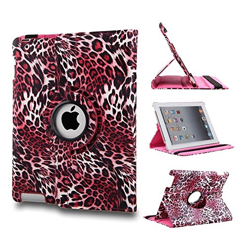 0670655112054 - T&G POPULAR AUTO SLEEP/WAKE FUNCTION MAGNETIC 360 DEGREE ROTATING SMART STAND CASE COVER FOR 9.7 INCH IPAD 2/3/4 WITH A STYLUS AS A GIFT--LEOPARD PATTERN,HOT PINK
