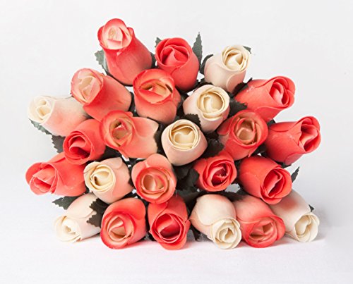 0672360151267 - 24 REALISTIC WOODEN ROSES - PEACH AND CREAM