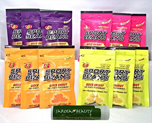 0672713839187 - JELLY BELLY SPORT BEANS VARIETY PACK 1 OZ (28G) - PACK OF 12 - BERRY, FRUIT PUNCH, LEMON LIME & ORANGE (3 PACKS OF EACH FLAVOR) NATURALLY FLAVORED WITH JAROSA BEE ORGANIC LIP BALM (BOXED)