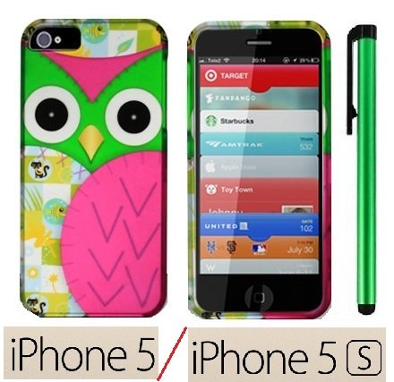 0673808800778 - APPLE IPHONE 5S OR APPLE IPHONE 5 ACCESSORIES - PREMIUM VIVID DESIGN PROTECTOR HARD COVER CASE + 1 OF NEW ASSORTED COLOR METAL STYLUS TOUCH SCREEN PEN (VIVID GREEN PINK OWL)