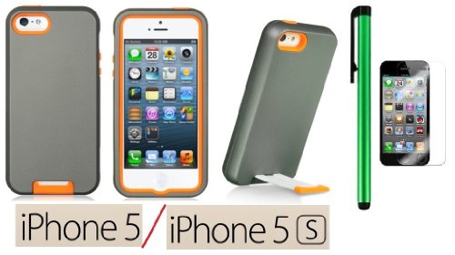 0673808801539 - APPLE IPHONE 5S OR APPLE IPHONE 5 ACCESSORIES - PREMIUM VIVID HYBRID PROTECTOR COVER WITH PULL-OUT STAND CASE + SCREEN PROTECTOR FILM + 1 OF NEW ASSORTED COLOR METAL STYLUS TOUCH SCREEN PEN (GREY SNAP-ON / ORANGE RUBBER INSIDE)