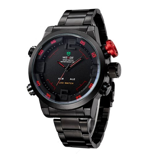 0675482430524 - WEIDE MENS SPORTS BLACK DIAL DUAL TIME RED NUMBER DISPLAY BLACK STAINLESS STEEL