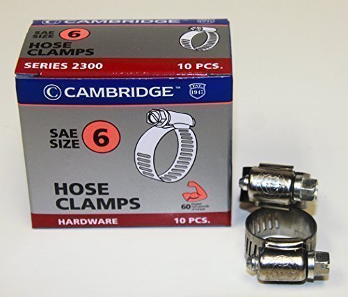 0680183108306 - CAMBRIDGE SAE SIZE 6 WORM GEAR HOSE CLAMPS, 10 PCS/BOX. 1/2 BAND SIZE, MIN DIA 7/16, MAX DIA 25/32, EXCEEDS 60 INCH-POUNDS OF TORQUE. STAINLESS STEEL BAND & HOUSING, ZINC PLATED SCREW.
