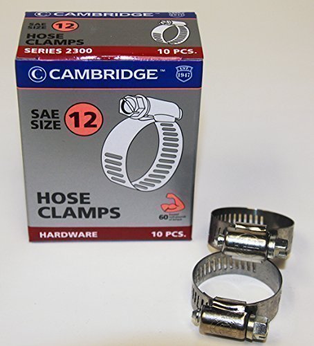 0680183108337 - CAMBRIDGE SAE SIZE 12 WORM GEAR HOSE CLAMPS, 10 PCS/BOX. 1/2 BAND SIZE, MIN DIA 11/16, MAX DIA 1-1/4, EXCEEDS 60 INCH-POUNDS OF TORQUE. STAINLESS STEEL BAND & HOUSING, ZINC PLATED SCREW.