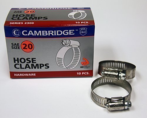 0680183108351 - CAMBRIDGE SAE SIZE 20 WORM GEAR HOSE CLAMPS, 10 PCS/BOX. 1/2 BAND SIZE, MIN DIA 13/16, MAX DIA 1-3/4, EXCEEDS 60 INCH-POUNDS OF TORQUE. STAINLESS STEEL BAND & HOUSING, ZINC PLATED SCREW.