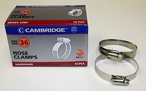 0680183108399 - CAMBRIDGE SAE SIZE 36 WORM GEAR HOSE CLAMPS, 10 PCS/BOX. 1/2 BAND SIZE, MIN DIA 1-13/16, MAX DIA 2-3/4, EXCEEDS 60 INCH-POUNDS OF TORQUE. STAINLESS STEEL BAND & HOUSING, ZINC PLATED SCREW.