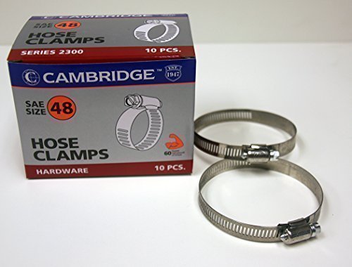 0680183108498 - CAMBRIDGE SAE SIZE 48 WORM GEAR HOSE CLAMPS, 10 PCS/BOX. 1/2 BAND SIZE, MIN DIA 2-8/16, MAX DIA 3-1/2, EXCEEDS 60 INCH-POUNDS OF TORQUE. STAINLESS STEEL BAND & HOUSING, ZINC PLATED SCREW.