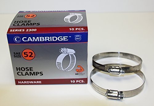 0680183108504 - CAMBRIDGE SAE SIZE 52 WORM GEAR HOSE CLAMPS, 10 PCS/BOX. 1/2 BAND SIZE, MIN DIA 2-13/16, MAX DIA 3-3/4, EXCEEDS 60 INCH-POUNDS OF TORQUE. STAINLESS STEEL BAND & HOUSING, ZINC PLATED SCREW.