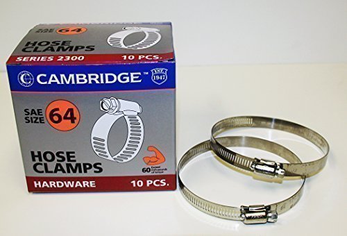 0680183108535 - CAMBRIDGE SAE SIZE 64 WORM GEAR HOSE CLAMPS, 10 PCS/BOX. 1/2 BAND SIZE, MIN DIA 3-9/16, MAX DIA 4-1/2, EXCEEDS 60 INCH-POUNDS OF TORQUE. STAINLESS STEEL BAND, HOUSING AND ZINC PLATED SCREW.
