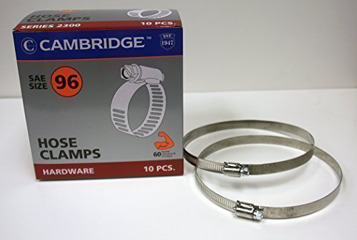 0680183108573 - CAMBRIDGE SAE SIZE 96 WORM GEAR HOSE CLAMPS, 10 PCS/BOX. 1/2 BAND SIZE, MINIMUM DIAMETER 5-5/8, MAXIMUM DIAMETER 6-1/2. STAINLESS STEEL BAND, STAINLESS STEEL HOUSING, ZINC PLATED SCREW.