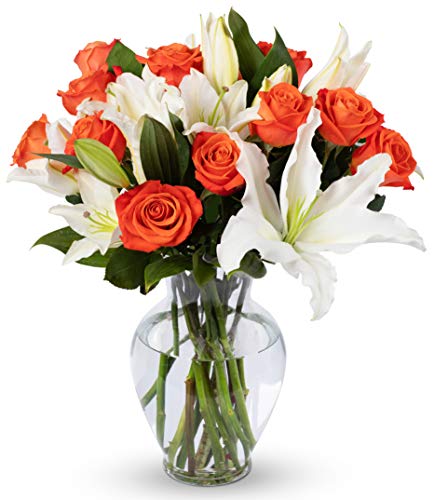 0680255039088 - BENCHMARK BOUQUETS ORANGE ROSES AND WHITE ORIENTAL LILIES, WITH VASE (FRESH CUT FLOWERS)