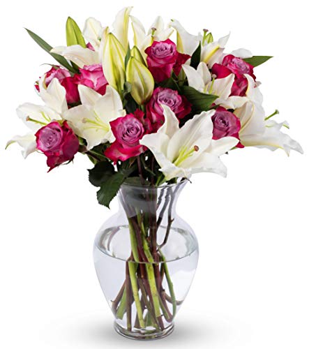 0680255039101 - BENCHMARK BOUQUETS LAVENDER ROSES AND WHITE ORIENTAL LILIES, WITH VASE (FRESH CUT FLOWERS)