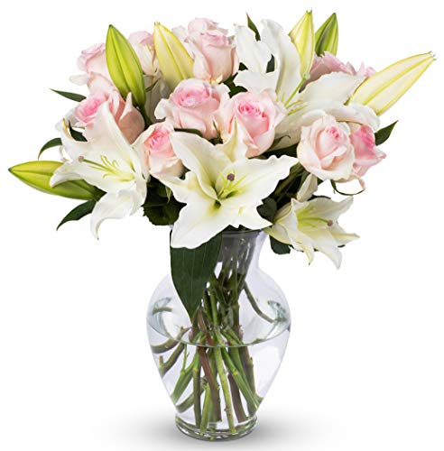 0680255039125 - BENCHMARK BOUQUETS LIGHT PINK ROSES AND WHITE ORIENTAL LILIES, WITH VASE (FRESH CUT FLOWERS)