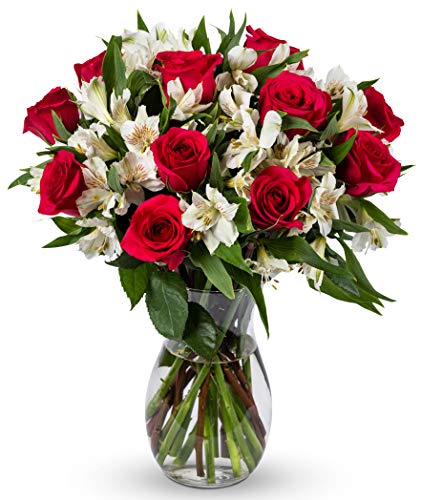 0680255040787 - BENCHMARK BOUQUETS SIGNATURE ROSES AND ALSTROEMERIA, WITH VASE (FRESH CUT FLOWERS)