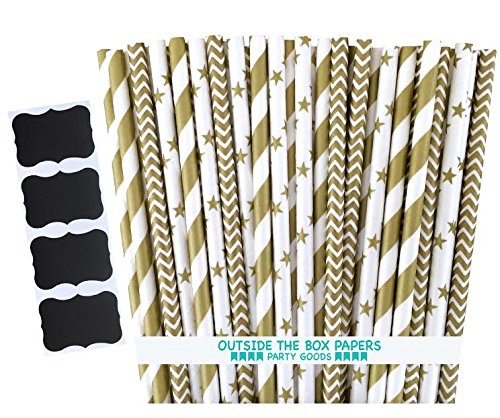 0680474390229 - OUTSIDE THE BOX PAPERS GOLD CHEVRON, STARS AND STRIPE PAPER STRAWS 7.75 INCHES 75 PACK GOLD, WHITE