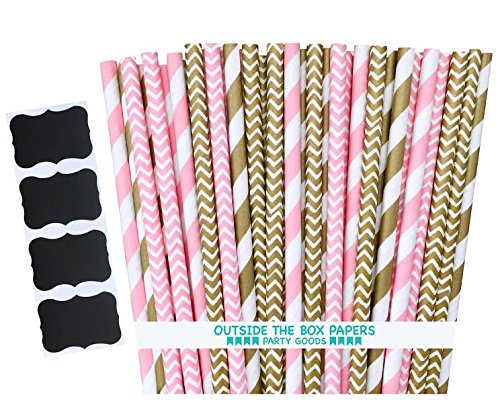 0680474390816 - OUTSIDE THE BOX PAPERS GOLD AND PINK STRIPE AND CHEVRON PAPER STRAWS 7.75 INCHES 100 PACK GOLD, PINK, WHITE