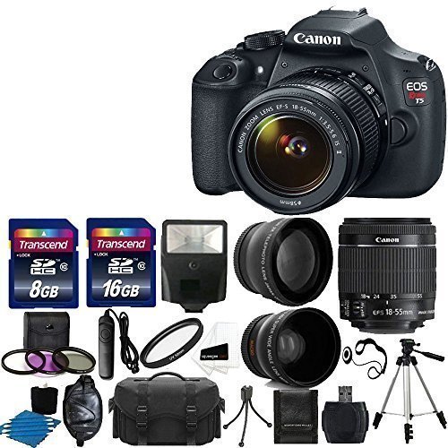 0680569745682 - CANON EOS REBEL T5 DSLR DIGITAL CAMERA & EF-S 18-55MM F/3.5-5.6 IS LENS + 2X TELEPHOTO LENS + 58MM WIDE ANGLE LENS + FLASH + 59-INCH TRIPOD + UV FILTER KIT + 24GB SDHC CARD + ACCESSORY BUNDLE