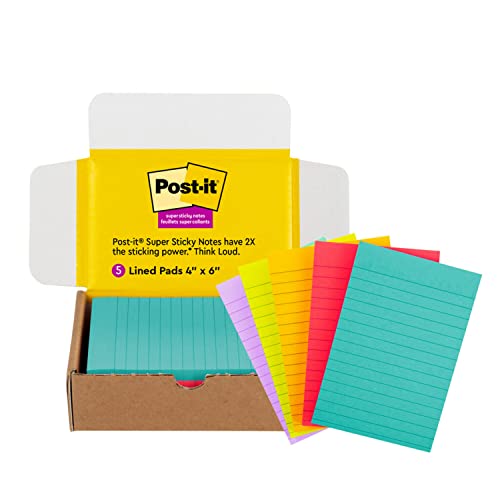 0068060464637 - POST-IT SUPER STICKY LINED NOTES, 5 STICKY NOTE PADS, 4 X 6 IN., SCHOOL SUPPLIES, OFFICE PRODUCTS, STICKY NOTES FOR VERTICAL SURFACES, MONITORS, WALLS AND WINDOWS, SUPERNOVA NEONS COLLECTION