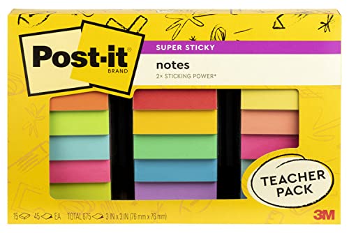 0068060469915 - POST-IT SUPER STICKY NOTES TEACHER PACK, ASSORTED COLORS, 3 IN. X 3 IN., 15 PADS/PACK, 45 SHEETS/PAD (654-15SSBTS-SR)