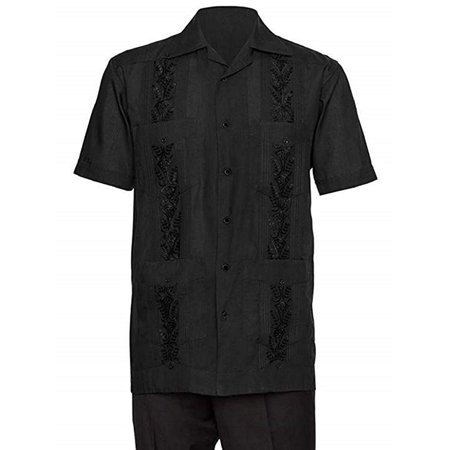 0681431669846 - GENTLEMENS COLLECTION EMBROIDERED GUAYABERA SHIRTS FOR MEN - GUAYABERAS PARA HOMBRES BLACK SMALL