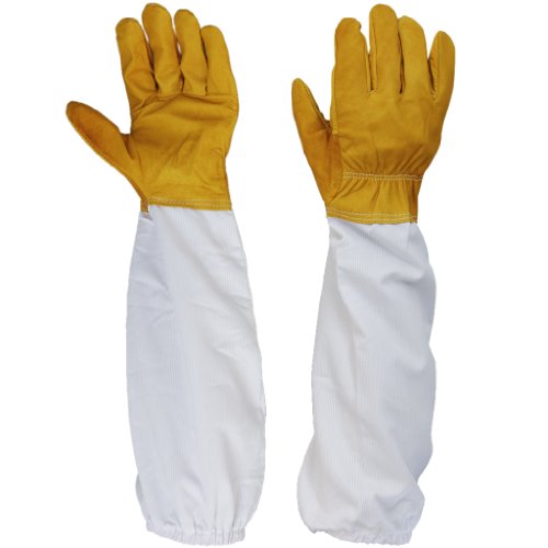 0682384330814 - 1 PAIR PROTECTIVE BEEKEEPING GLOVES BEE KEEPING WITH VENTED LONG SLEEVES YELLOW AND WHITE
