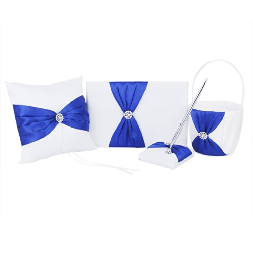 0682384350461 - RHINESTONE DECOR WEDDING GUEST BOOK+PEN+PEN STAND+RING PILLOW+FLOWER BASKET SET---WHITE AND ROYAL BLUE