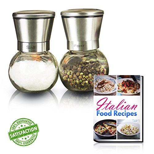0682821335600 - STAINLESS STEEL SALT AND PEPPER SHAKER SET OF 2 - CLEAR ACRYLIC GLASS GLOBE CONTAINERS FOR ANY SPICE GRINDING - SALT MILL AND PEPPER MILL WITH ADJUSTABLE CERAMIC ROTOR - 6 OZ ROUND BODY