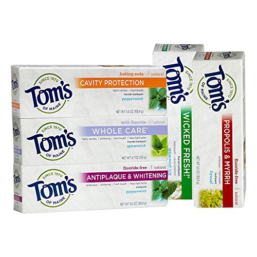 0068306130128 - TOM'S OF MAINE TOOTHPASTE VARIETY PACK OF 5 - WICKED FRESH SPEARMINT ICE, CAVITY PROTECTION PEPPERMINT, WHOLE CARE SPEARMINT, ANTIPLAQUE & WHITENING PEPPERMINT, PROPOLIS & MYRRH