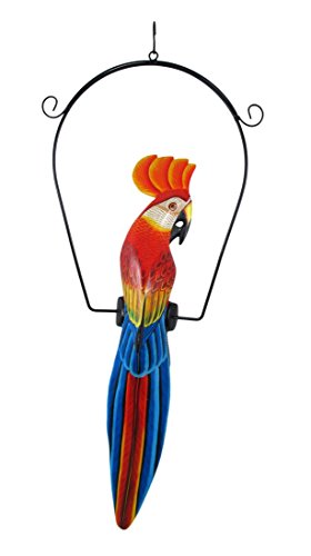 0683146831464 - HAND PAINTED WOOD RED AND BLUE COCKATOO BIRD HANGING STATUE 23 INCH