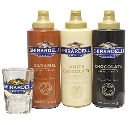 0684191139482 - GHIRARDELLI - 16 OZ CHOCOLATE, 17 OZ WHITE CHOCOLATE FLAVORED, 17 OZ CARAMEL SAUCE SQUEEZE BOTTLE - SET OF 3 - WITH EXCLUSIVE MEASURING SHOT GLASS