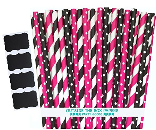 0684191801662 - OUTSIDE THE BOX PAPERS DIVA THEME STRIPE AND POLKA DOT PAPER STRAWS 7.75 INCHES 100 PACK HOT PINK, BLACK, WHITE