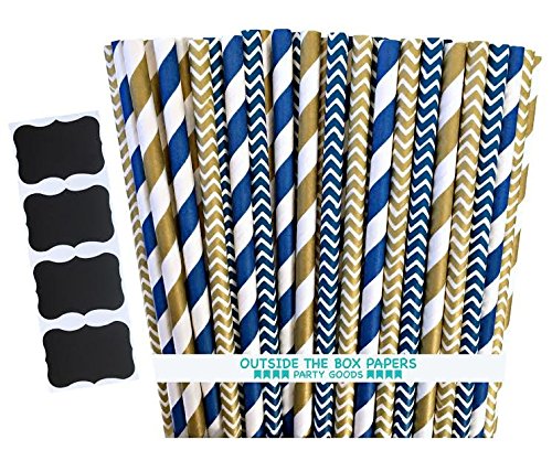 0684191801884 - OUTSIDE THE BOX PAPERS NAVY BLUE AND GOLD CHEVRON AND STRIPE PAPER STRAWS 7.75 INCHES 100 PACK NAVY BLUE, GOLD, WHITE