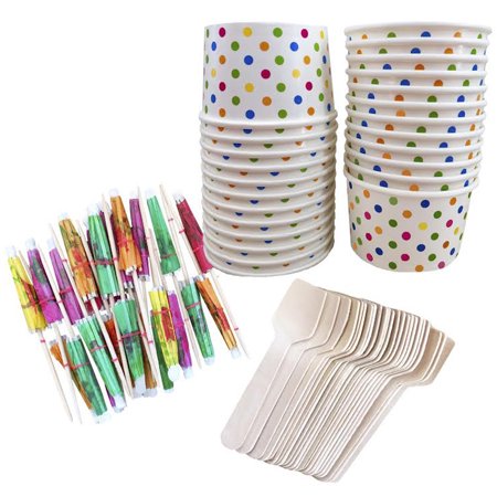 0684191802010 - OUTSIDE THE BOX PAPERS MINI ICE CREAM SUNDAE KIT WITH 4 OUNCE POLKA DOT PAPER CUPS, MINI WOODEN TASTER SPOONS AND PAPER UMBRELLAS 24 PACK PINK, BLUE, YELLOW, ORANGE