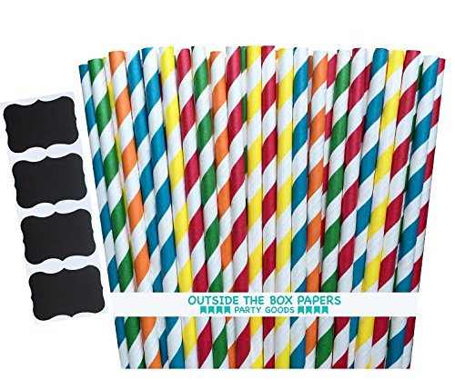 0684191802119 - OUTSIDE THE BOX PAPERS FIESTA THEMED STRIPED PAPER STRAWS 7.75 INCHES 125 PACK RED, ORANGE, YELLOW, GREEN, TEAL BLUE