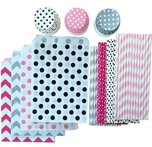 0684191802447 - OUTSIDE THE BOX PAPERS PARIS INSPIRED PARTY GOODS BUNDLE WITH 100 PAPER STRAWS, 48 TREAT SACKS AND 48 CANDY/NUT CUPS PINK, BLACK, WHITE, SILVER