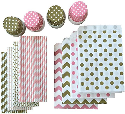 0684191802515 - OUTSIDE THE BOX PAPERS GOLD AND PINK PARTY GOODS KIT WITH 100 STRAWS, 48 CANDY/NUT CUPS, 48 TREAT SACKS PINK, GOLD, WHITE