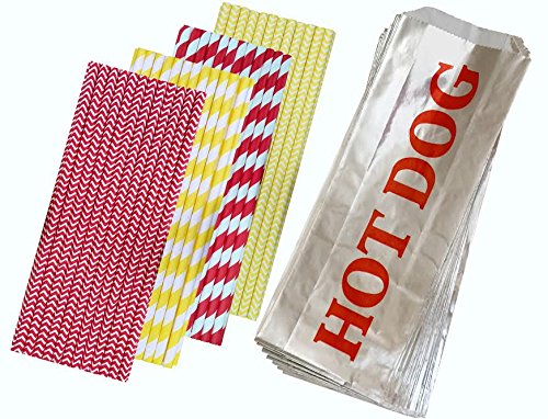 0684191802867 - OUTSIDE THE BOX PAPERS PARTY PACK WITH PRINTED FOIL HOT DOG BAGS AND PAPER STRAWS 100 EACH RED, YELLOW, WHITE, SILVER