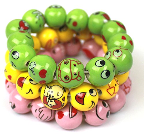 0684334566526 - OMO EMOJI CERAMIC BEADS BRACELET SET OF 3 - YELLOW, PINK, AND GREEN PARTY FAVOR, GIFT SET. FUN ACCESSORY FOR SPRING, SUMMER OUTFIT VALENTINE'S DAY