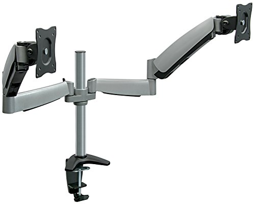 0684758419477 - MOUNT-IT! HEIGHT ADJUSTABLE DUAL ARM COMPUTER MONITOR DESK MOUNT STAND FOR TWO LCD FLAT SCREENS, VESA 75, 100 COMPATIBLE WITH 22, 23, 24, 27 INCH SCREENS, GAS SPRING, SWIVEL, ROTATE, 39.6 LBS CAPACITY