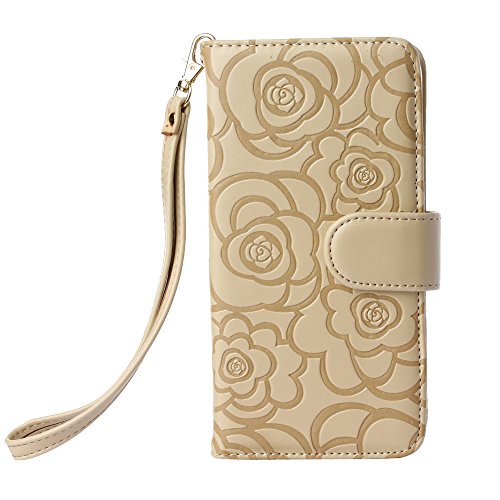 6850035015616 - CAMELLIA FLOWER PU LEATHER WALLET CASE FOR APPLE IPHONE 5C 5S - GENERIC ELEGANT FLIP FOLIO STAND CASE SKIN COVER POUCH WITH CARD SLOT AND MAGNETIC CLOSURE + LANYARD STRAP - GOLD