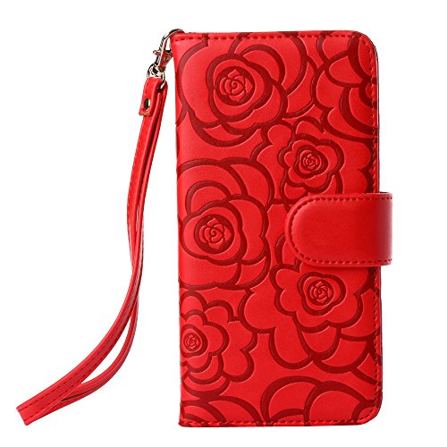 6850035015647 - CAMELLIA FLOWER PU LEATHER WALLET CASE FOR APPLE IPHONE 5C 5S - GENERIC ELEGANT FLIP FOLIO STAND CASE SKIN COVER POUCH WITH CARD SLOT AND MAGNETIC CLOSURE + LANYARD STRAP - RED