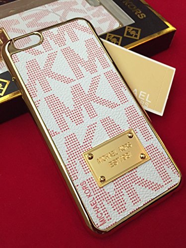 0685450645218 - MICHAEL KORS HARD SHELL CASE FOR IPHONE 6, 4.7. WHITE 'LEATHER LOOK' WITH GOLD TRIM AND RED MK LOGO.