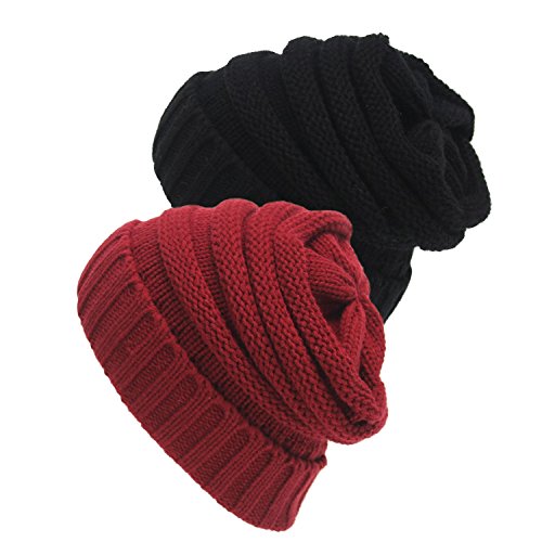 6855871880923 - TRENDY WARM CHUNKY SOFT STRETCH CABLE KNIT SLOUCHY BEANIE SKULLY (ONE SIZE, 1BLACK RED)
