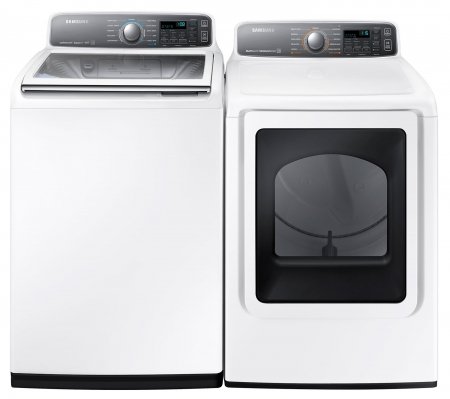 0685867942818 - SAMSUNG APPLIANCE WHITE TOP LOAD LAUNDRY PAIR WITH WA48J7700AW 27 WASHER AND DV48J7700EW 27 ELECTRIC DRYER IN WHITE