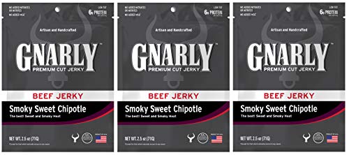 0686162155835 - GNARLY JERKY PREMIUM CUT BEEF JERKY, SMOKY SWEET CHIPOTLE, 2.5 OZ BAG, 3 PACK