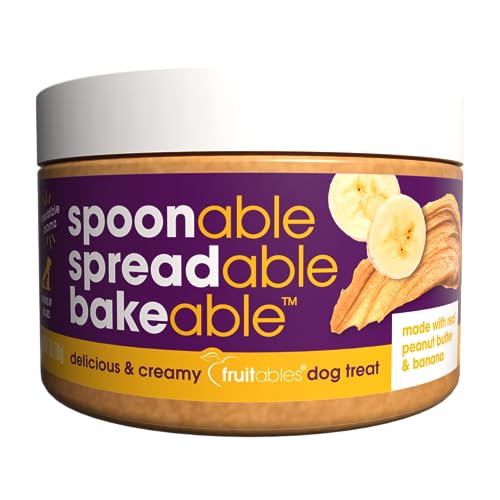 0686960001952 - FRUITABLES SPREADS – SPREADABLE DOG TREAT – BAKEABLE DOG TREAT – REAL PEANUT BUTTER AND BANANA – HUMAN-GRADE 100% NATURAL INGREDIENTS – GREAT FOR ALL DOGS – 7 OUNCES