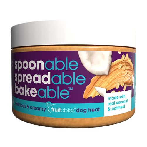 0686960001976 - FRUITABLES SPREADS – SPREADABLE DOG TREAT – BAKEABLE DOG TREAT – REAL COCONUT & OATMEAL – HUMAN-GRADE 100% NATURAL INGREDIENTS – GREAT FOR ALL DOGS – 7 OUNCES