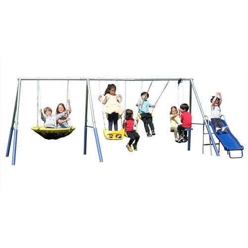 0687064070578 - SPORTSPOWER SWING AND PLAY GALVANIZED METAL SWING SET(6 YEAR WARRANTY): 2 SWINGS+STANDING, 2 KID ROMAN GLIDER+SAUCER, 5 WAVY SLIDE, EXCEEDS ASTM SAFETY STANDARDS*4PC ANCHOR KIT*