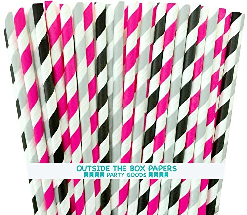 0687077612048 - OUTSIDE THE BOX PAPERS BLACK, HOT PINK AND SILVER STRIPE PAPER STRAWS -7.75 INCHES 75 PACK BLACK, HOT PINK, SILVER